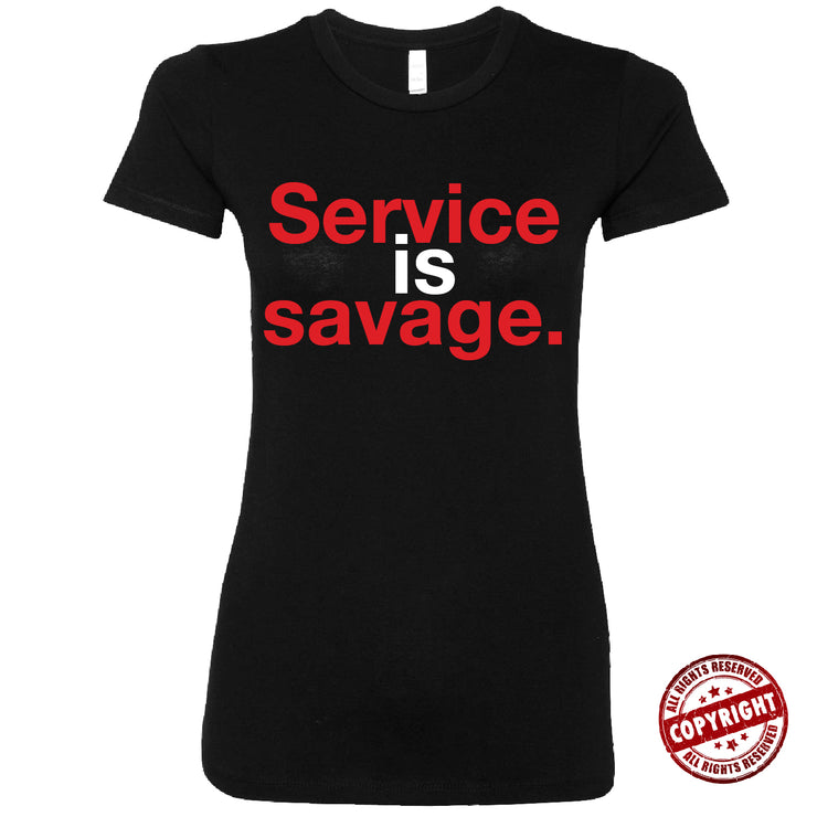 Short Sleeve Red and White Service is Savage Tee Sunset